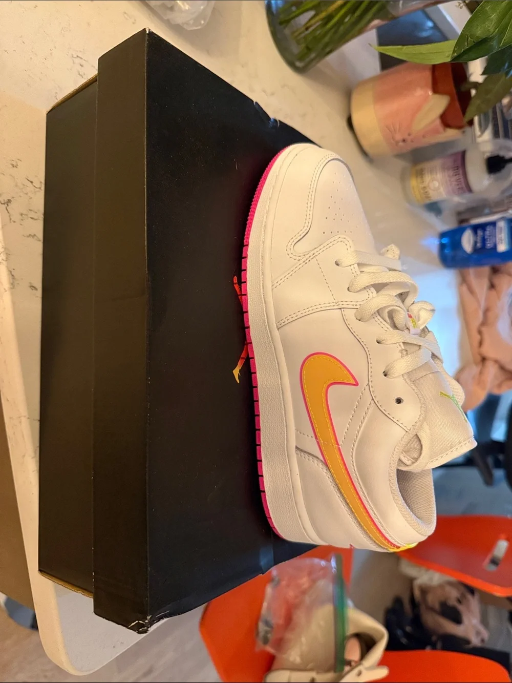 Nike Kids White Sneakers with Yellow and Pink Swoosh